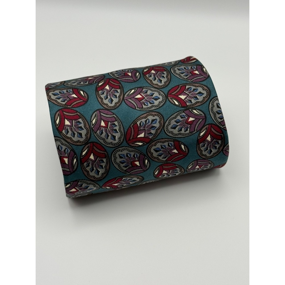 Christian Dior Necktie OS Vintage Silk Medallion Teal Burgundy Designer Retro